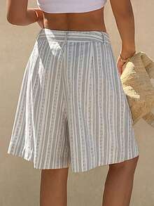 Livesso Quần short nữ kẻ sọc, thiết kế cạp cài nút, có túi, kiểu dáng thường ngày. - Màu be - Xem 6