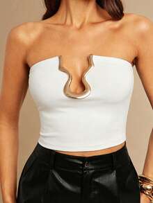 Silquee Women's Metal Design Hollow-Out Sexy Bandeau Top  Summer Tops White Top - White - View 7