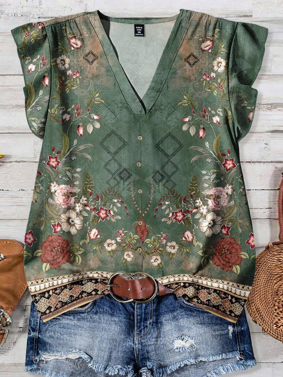 SHEIN LUNE 大码女式夏季休闲波西米亚风度假印花V领荷叶边袖口衬衫 - 彩色 - 查看 1