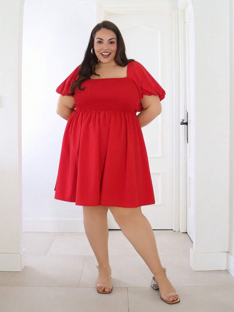 Pretty and Ole Robe de Princesse Minimaliste Romantique grande taille Printemps/Été, Col Rond unicolore, Style Campus, Vacances, Saint Valentin, Pâques, Mariage, Dos Ajouré, Manches Lanterne et nœud - Rouge - Voir 1