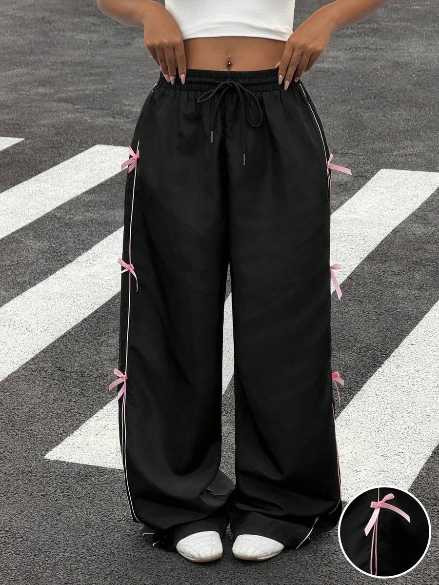 Muchica Woven Black Pants With Pink Bow Decor Casual Wide Leg Trousers Baggy Pants - Black - View 1