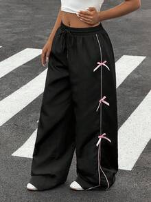 Muchica Woven Black Pants With Pink Bow Decor Casual Wide Leg Trousers Baggy Pants - Black - View 7