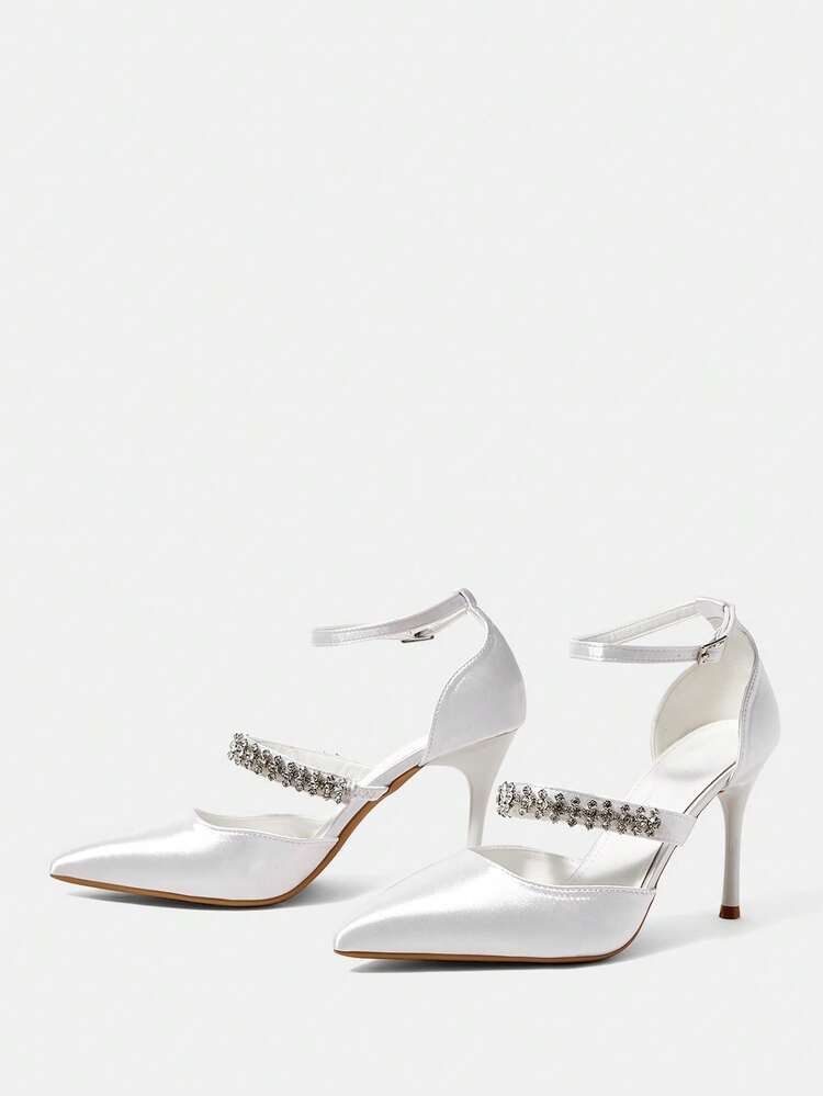 CUCCOO HITCHD Women Shoes New French Sexy Pointed ToeHollow High Heels Fashion Low Vamp Satin Rhinestone Dress Party Bridal Wedding Shoes