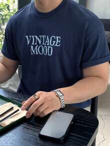 DAZY Navy Blue Letter Print Short Sleeve T-Shirt For Men Summer - Blue - View 6