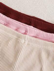 SHEIN Vintaside Kids 3件組女嬰0-3歲可愛夏季度假米色粉色棕色螺紋針織彈性柔軟短褲套裝休閒運動貼身膝上長度3件套 - 酒紅色 - 查看 6