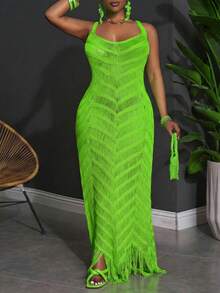Slaydiva Plus Size Summer Sleeveless Hollow Out Sheer Dress - Green - View 3