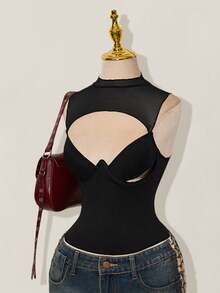 SHEIN ICON 网眼拼接不规则镂空钢圈女式背心 - 黑色 - 查看 6