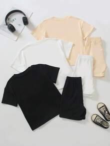 SHEIN 6件套儿童休闲简约圆领T恤短裤套装，夏季运动服，3种颜色（灰色、黑色、白色） - 彩色 - 查看 2