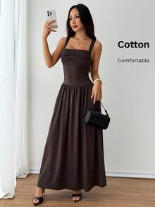 SHEIN PETITE Đầm nữ màu nâu cà phê trơn thanh lịch, cổ vuông, dáng xòe, chất liệu cotton, thích hợp cho mùa xuân/hè. - màu nâu - Xem 9