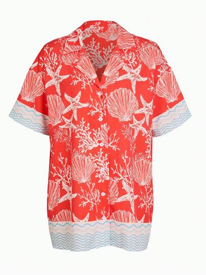 Swim Oasis Women's Spring/Summer New Totem Cultural Shell Coral Striped Print Shirt Collar Cover Up, Kimono Cover Up, Cuban Collar Shirt, Tropical Vibe, Ocean Breeze Beach Party, Pool Party, Holiday Party, Suitable For Summer Casual Beach Vacation
