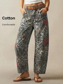 Bohemela Women's Leopard Floral Pattern Casual Versatile Daily Wear Pants - Iron Gray - View 4