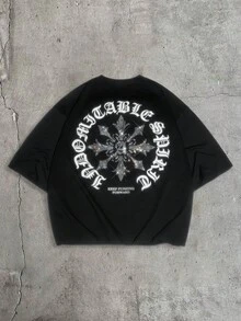 AXEPEAK Men's Casual Fashion Street Daily Commute Letter Print Rhinestone Embellished Loose Fit Short Sleeve T-Shirt, Summer - Black - View 7