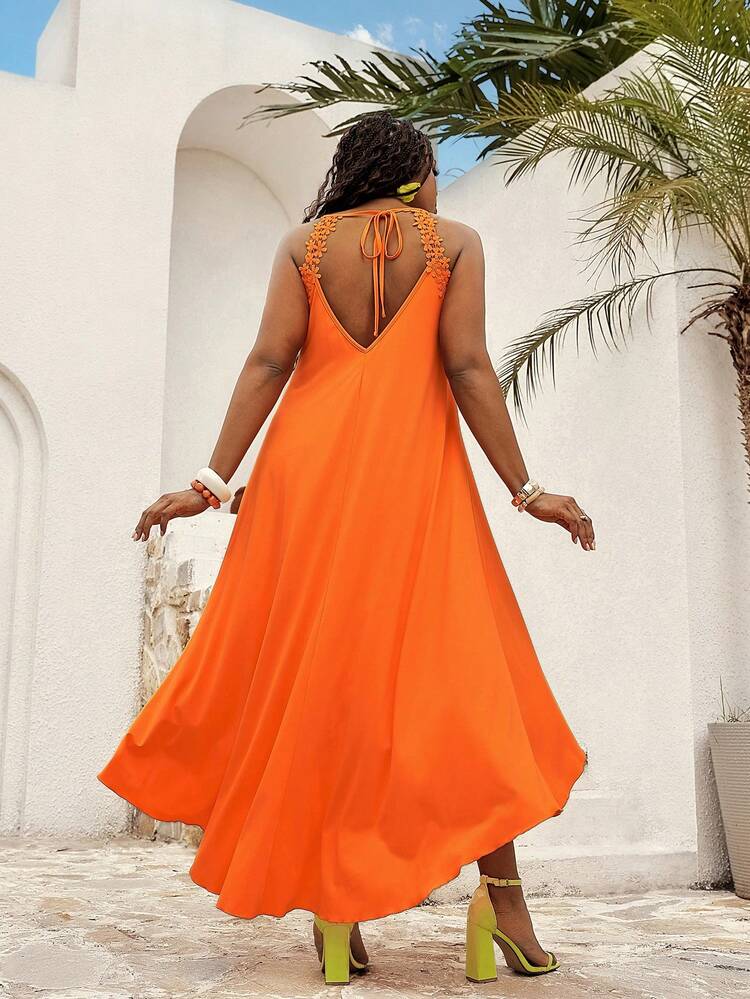 Plus Size Women Solid Color Contrast Lace Halter Dress, Vacation