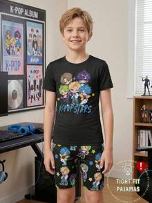 Conjunto de pijama para niños preadolescentes, parte superior de punto con cuello redondo con estampado gráfico combinada con pantalones cortos ajustados con estampado total, para verano - Negro - Ver 5