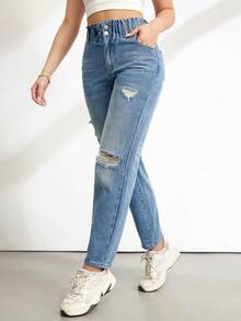 SHEIN Tall Quần jeans nữ cạp cao rách, kiểu dáng rộng rãi, cạp chun, thích hợp cho trang phục mùa hè thường ngày. Quần jeans nữ cạp chun, rách, ống côn. - Rửa trung bình - Xem 3