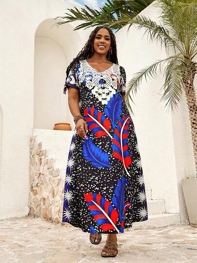 EMERY ROSE Đầm ngắn tay in họa tiết lông vũ dành cho nữ cỡ lớn, kiểu dáng thường ngày.