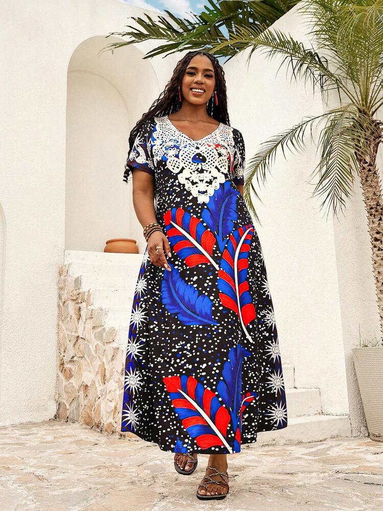 Plus Size Women Feather Print Short Sleeve Casual Dress
