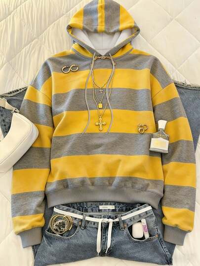 Áo nỉ dài tay kẻ sọc có mũ trùm đầu dành cho nữ cỡ lớn, có dây rút, chất liệu gân.