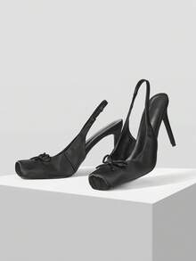 Mnmlis Sapatos de Salto Alto Elegantes com Laço e Bico Quadrado para Mulheres - Preto - Visão 5