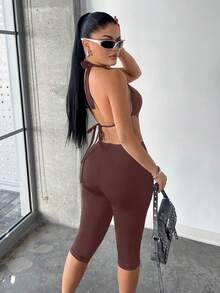 SHEIN SXY 女士纯色性感露背镂空连体裤 - 淺灰紫 - 查看 2