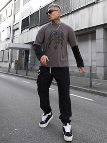 Artur Kramer Pantalones cargo holgados para hombres con estampado de expresión, bolsillo con solapa y cintura con cordón, otoño - Negro - Ver 5