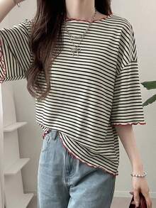 FRIFUL Women's Wavy Striped Loose Contrast Trim Short Sleeve T-Shirt, Summer Casual Wear - Red - View 3