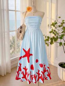 Comfortcana Vestido de bandeau con pliegues y estampado de estrellas de mar para mujer de talla grande para vacaciones - Azul - Ver 6