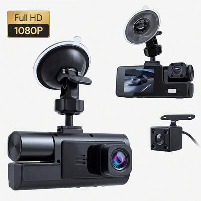 Teckwe 1080P Full HD 3-Channel Dash Camera For Vehicles, Triple Lens Car Dash Cam With Night Vision, Loop Recording, Motion Detection, Wide View, 24h Parking Monitor