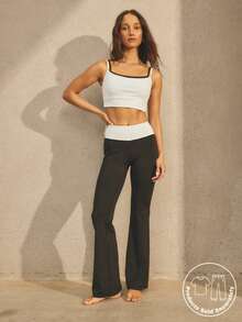 SHEIN Aralina-E 休闲运动女士低腰撞色腰带阔腿喇叭裤健身锻炼普拉提瑜伽裤 - 彩色 - 查看 1