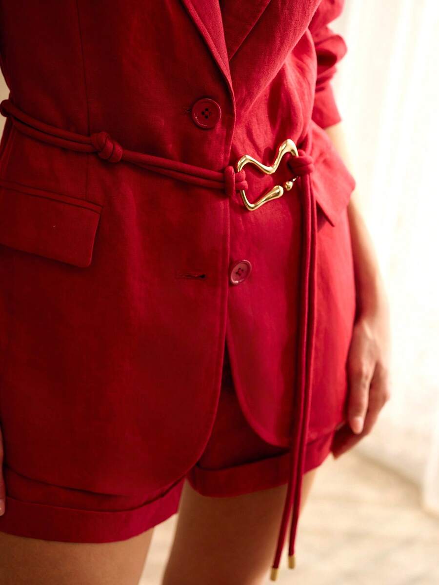 MOTF PREMIUM 女士亚麻舒适单排扣西装外套，春夏款 - 紅色 - 查看 2