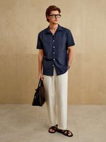 MENRIVO Camisa de moda para hombre de unicolor con botones y mangas cortas - Azul Marino - Ver 3