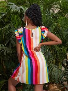 SHEIN Thiếu niên Cô gái Dệt Sọc Cầu vồng Mẫu Ruffle Cạnh Đầm giản dị - Nhiều màu - Xem 2
