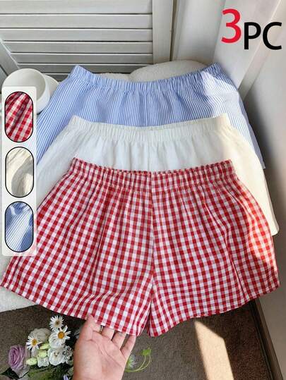 3件套女童休闲百搭日常穿搭彩色条纹宽松短裤，清新白、蓝白条纹、经典红白格子组合