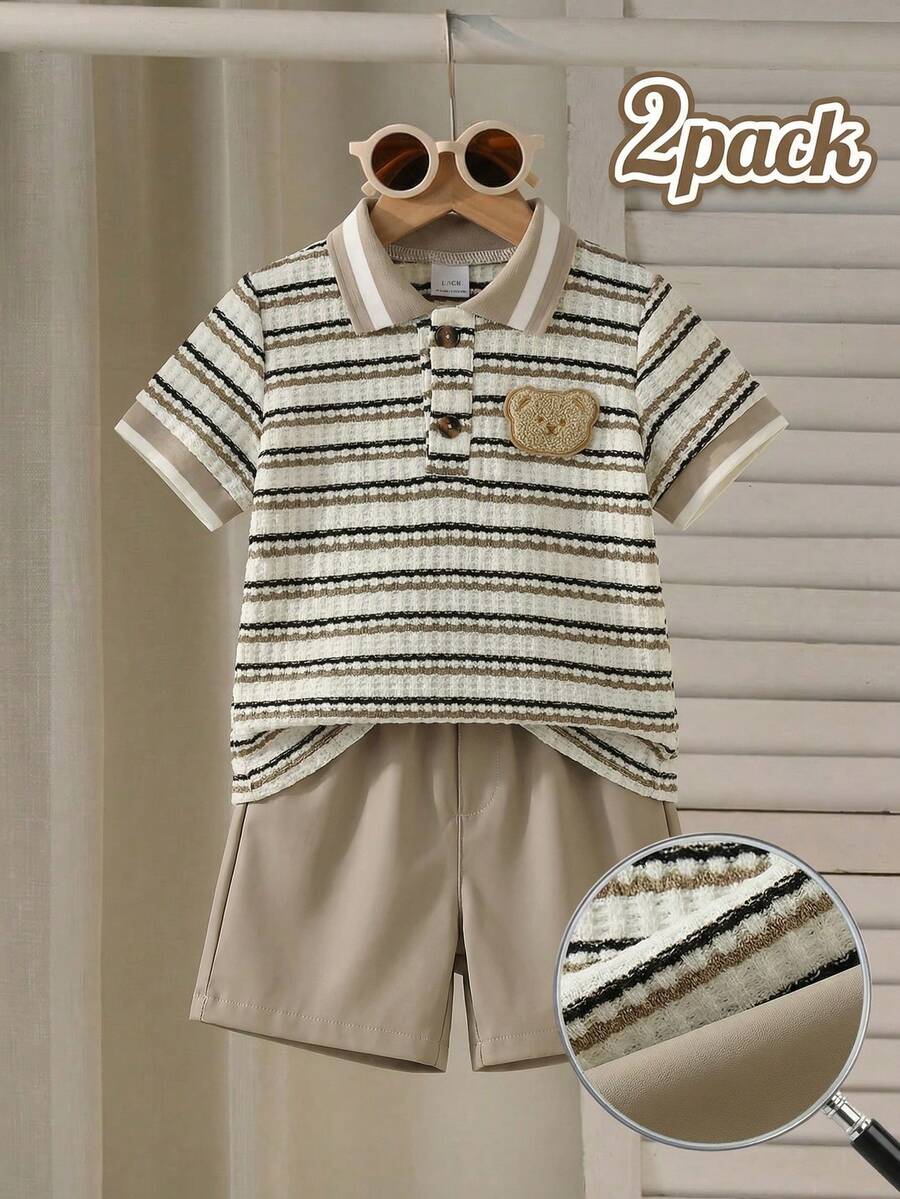 Playful Pals Conjunto de camiseta de manga curta e shorts listrados com estampa de urso para bebê menino - Caqui - Ver 1