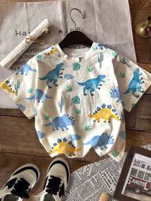 SHEIN Áo thun đơn giản, thoải mái cho bé trai, phù hợp cho mùa xuân/hè, họa tiết khủng long dễ thương cổ điển. - Nhiều màu - Xem 2