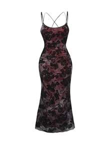 ROMWE Goth Plus Size Retro Floral Flocked Backless Waist Fitted Mermaid Dress - Black - View 1