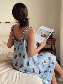 Napfluff Áo ngủ dáng chữ A cổ tròn, họa tiết sọc kẻ hình gấu dễ thương dành cho nữ, có bèo nhún. - Nhiều màu - Xem 2