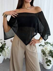 Aloruh Xale feminino elegante em estilo boêmio para férias, modelo pulôver de malha folgada com ombros à mostra e barra assimétrica, leve e com proteção solar. - Preto - Ver 4
