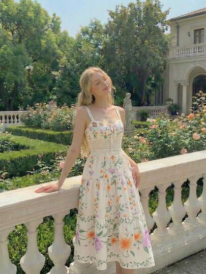 SHEIN MOD Vestido de verano casual de mujer con estampado floral de encaje de contraste sin mangas de largo medio