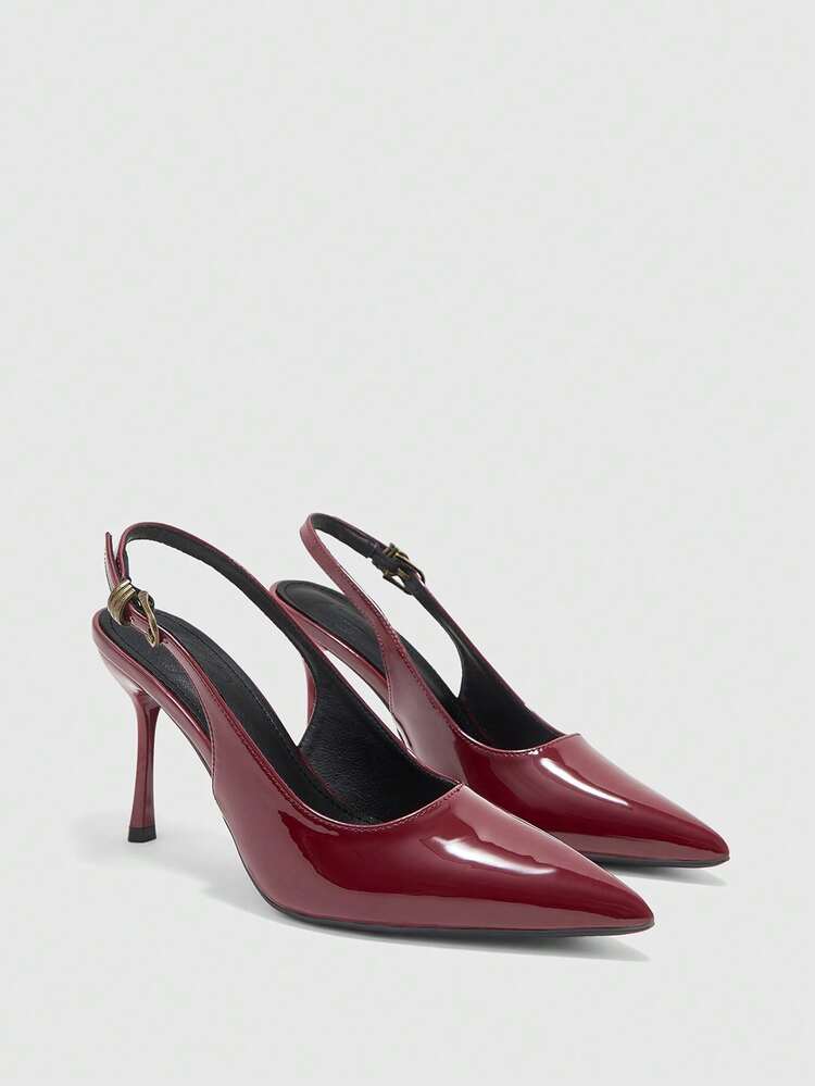 CUCCOO BIZCHIC Women's Pointed Patent Leather Glossy Burgundy Slingback Rear Strap Fashion Versatile Sexy Style Metal Buckle Stiletto High Heel Sandals
