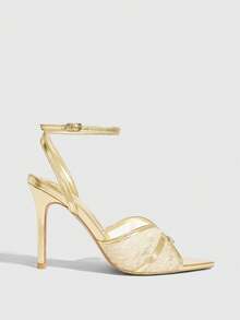 CUCCOO SZL Sandal Hak Tinggi Ujung Lancip Motif Hati Berenda untuk Pesta Wanita, Sepatu Musim Panas - Emas - View 2