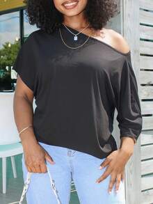 Steph T 休闲美式街头风斜肩宽松T恤，纯黑色 - 黑色 - 查看 4