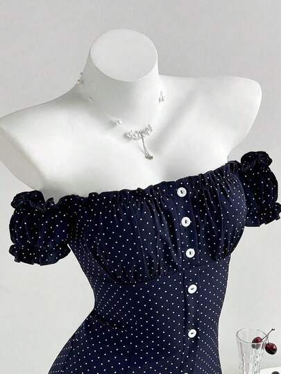 Elamini Women's Comfortable Square Neck Polka Dot Print Short Sleeve A-Line Mini Dress, Suitable For Vacation, Beach, Casual Wear, Picnic, And Dates Poka Dot Dresses For Women Retro Dresses For Woman Womens Summer Outfits Polka Dot Dresses For Woman Pin Up Style Dress Woman S Clothes Polka Dot Off Shoulder Off Shoulder Top Cute Tops For Women Polka Dots Top
