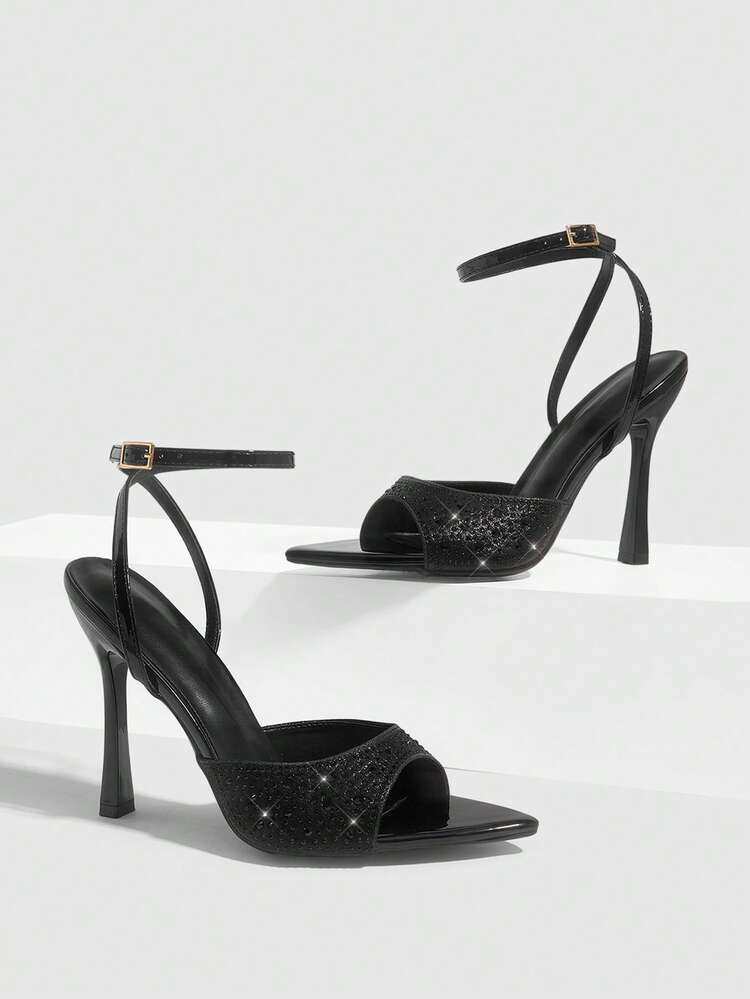 CUCCOO SZL Women Shoes Pointed Slender Heel Black Rhinestone Open Toe Ankle Strap Women's High Heel Sandals Sexy Fashion Gorgeous Elegant With Skirts Daily Versatile Banquet Party Women Sandals