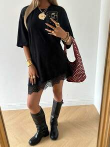 SHEIN EZwear Đầm nữ dệt kim màu đen trơn cổ tròn phối ren, đầm mùa hè mặc thường ngày cho nữ - màu đen - Xem 3
