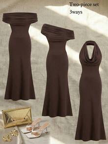 Ellevyn 两件套女士棕色百搭针织上衣+长款鱼尾裙高领连衣裙，巧克力棕色连衣裙，棕色连衣裙，咖啡棕色连衣裙，深棕色连衣裙，两件套，春夏女装，复活节，优雅派对装，沙滩装，母亲毕业礼服，毕业礼服，伴娘礼服，婚礼宾客礼服，婚礼，女士度假装，夏季假日装，女士正式服装，Y2K风格，女士办公室装，女士连衣裙，修身连衣裙，女士夏季连衣裙 - 棕色 - 查看 15
