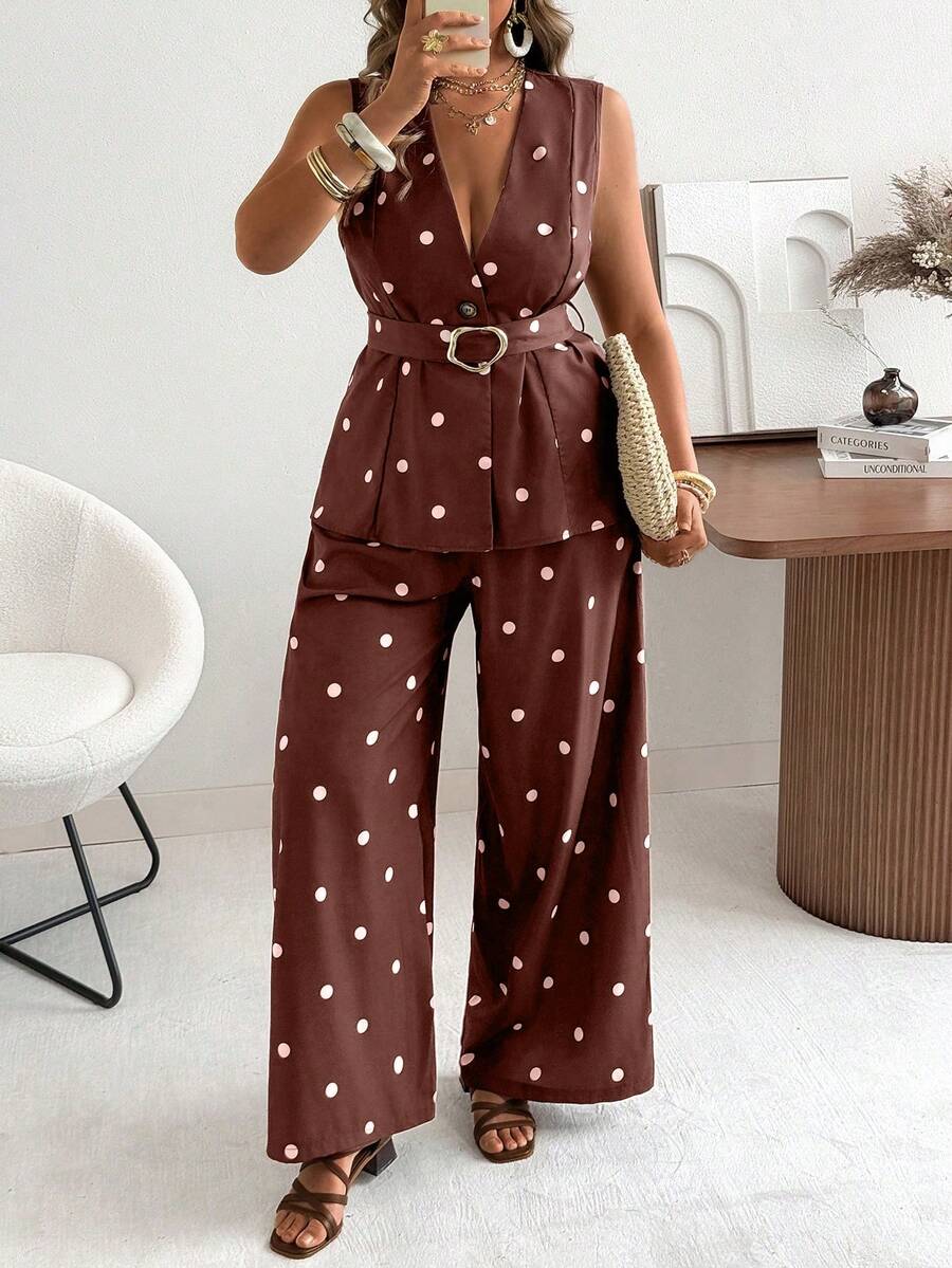 Bộ áo vest và quần ống rộng chấm bi cổ điển dành cho nữ cỡ lớn Ceyna, trang phục mùa hè lý tưởng cho kỳ nghỉ. - màu nâu - Xem 1