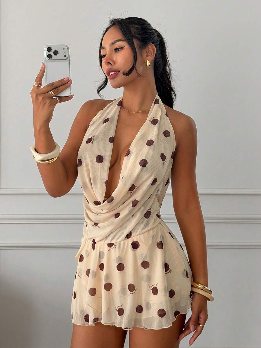 Slaydiva Vestido corto de verano con cuello halter, lunares y volantes en el bajo - Multicolor - Ver 1