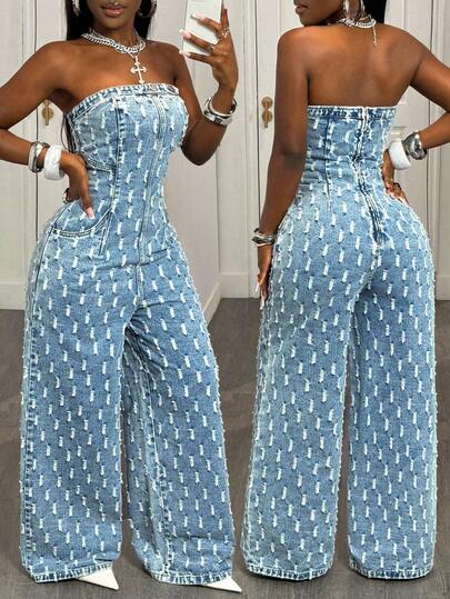 Slaydiva 大码女式破洞口袋抹胸阔腿时尚牛仔连体裤