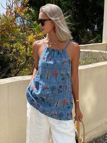 Casual Backless Spaghetti Strap Ditsy Floral Camisole Top, Suitable For Spring/Summer, Music Festivals, Valentine's Day, Weddings, Beach Vacations - Blue - View 5